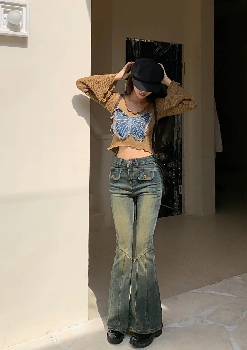 Rockulzzang High Waist Flare Jeans Denim Pant Women bootcut bell bottom korean y2k clothing plus size 3xl elegant slim fashion 240807