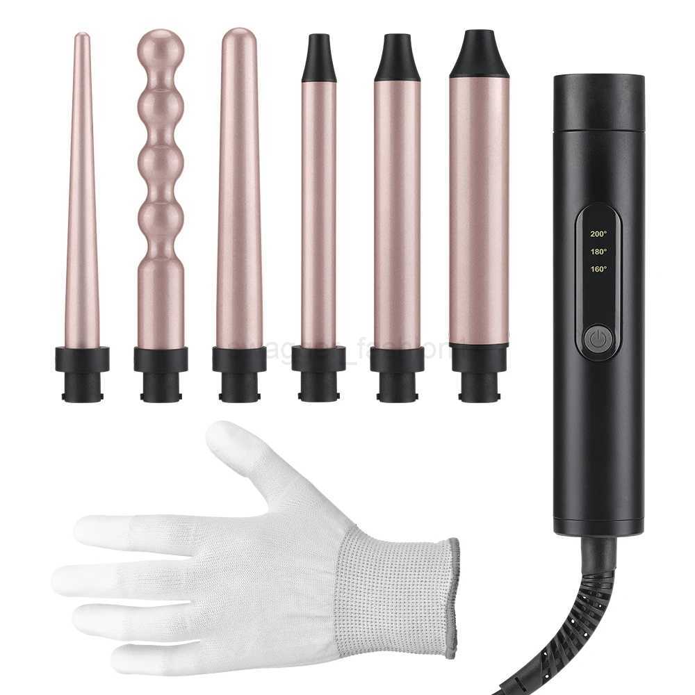 6 in 1 Curling Hair Iron Wand Set Temperature Adjustable with 6 Interchangeable Ceramic Conical Spiral Rose Golden Hair CurlersXJ240807