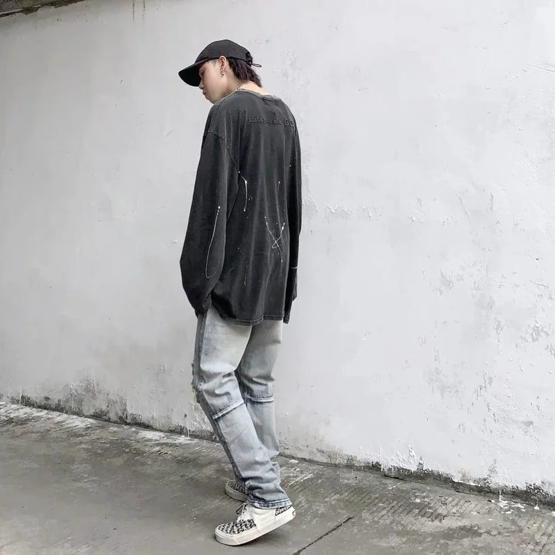 Patchwork Jeans Means Embroidery Skinny Locomotive High Street Washed Broken Hole Ripped Denim Hip Hop Jogger Pencil Pants 240806