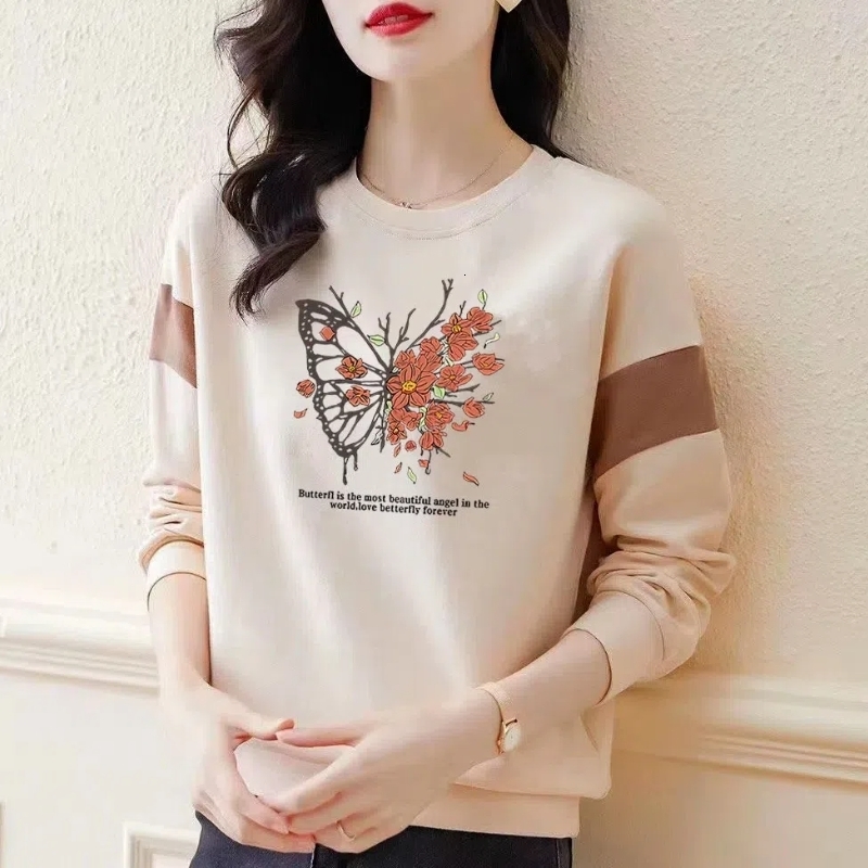 Letter Geometric Printing Lantern Long Sleeve Round Neck Womens Casual Loose T-shirt Hoodies Office Lady Spring Autumn Tops 240806