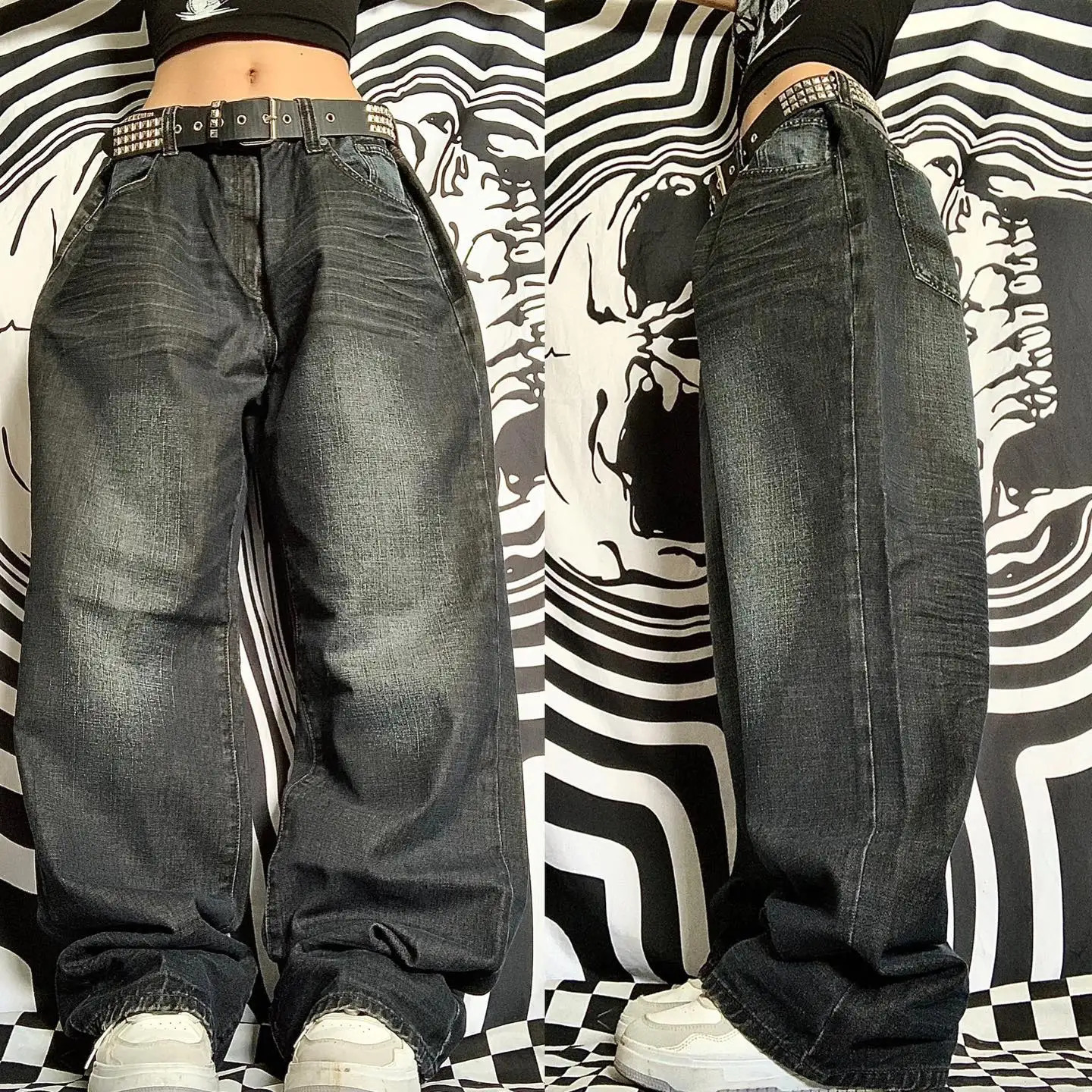 Stitching Pocket Jeans Ladies Y2K High Street Retro Loose Fashion Wide-leg Pants High Waist Casual Denim Pants Trousers 240807