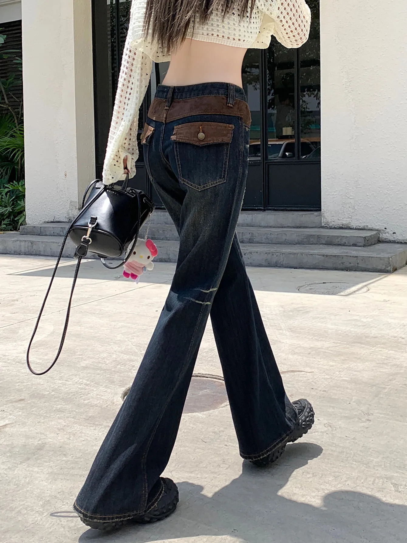 ReddaChic Cowgirl Splicing Flare Jeans Vintage Blue Denim Bell Bottoms Grunge Y2k Bootcut Pants 90s Retro Harajuku Streetwear 240807