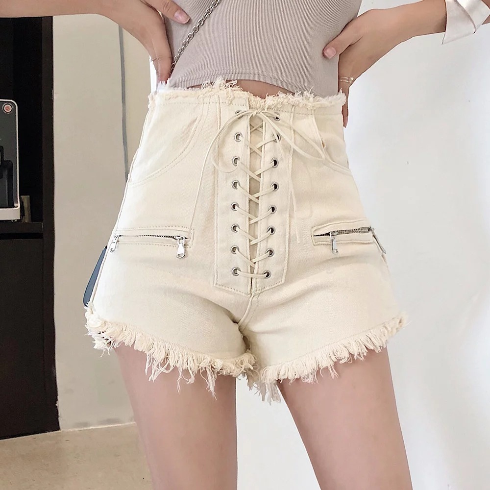 2024 summer new women's high waisted denim shorts with zip ties