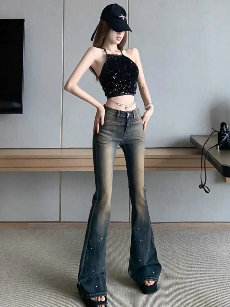 American Style High-waisted Distressed Vintage Jeans Womens Micro Flare Tight Spring Arrival Hip Hop Slim Fit Denim Trousers 240807