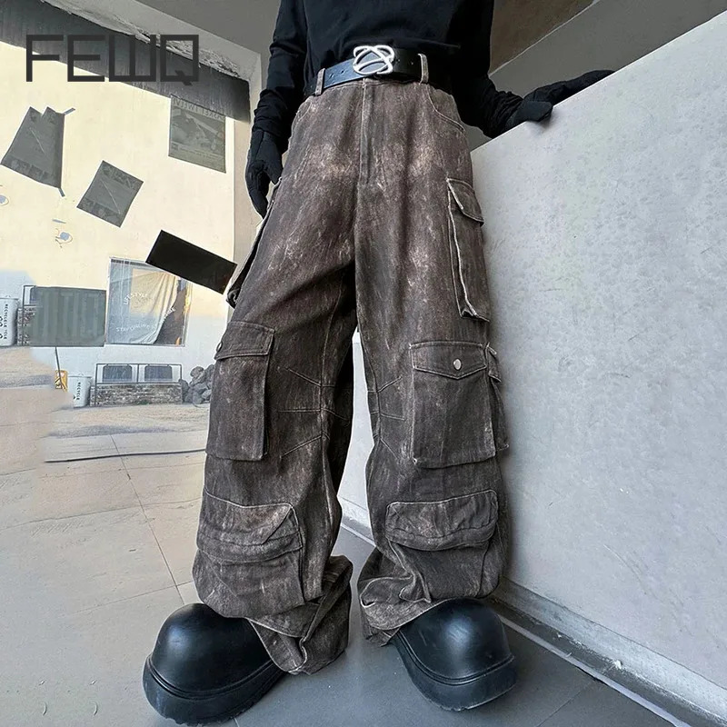 FEWQ Washed Mens Wide Leg Pant Multipockets Male Straight Trousers Casual Gradient Color Niche Design Spring Trendy 9C4400 240806