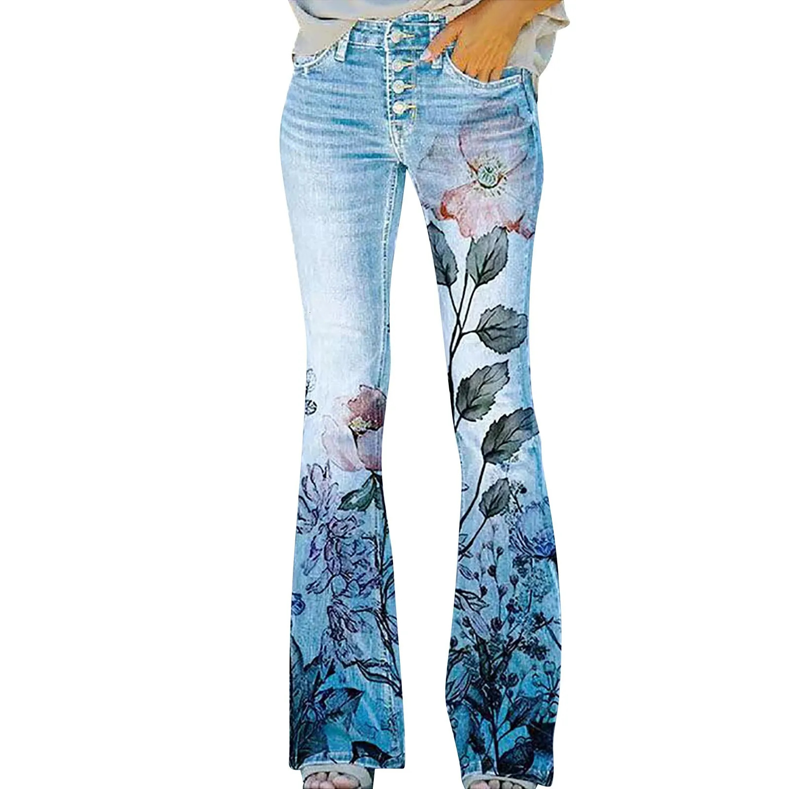 Floral Print Y2K Flare Jeans Aesthetic Retro Denim Pants for Women Sweatpants Streetwear Harajuku Casual Bell Bottom Pants Women 240807