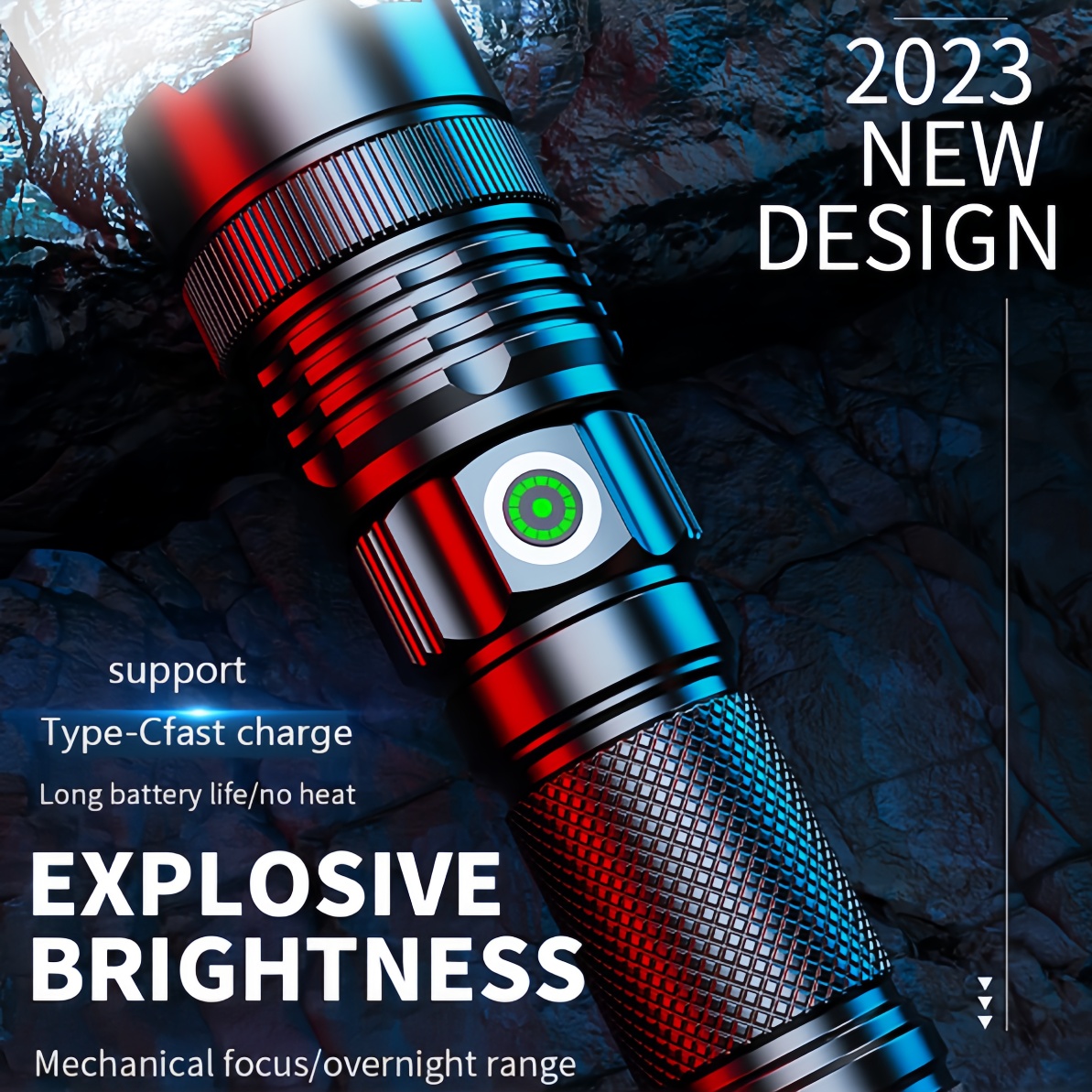 Ultra Bright White Beam LED Flashlight with Built-In Battery - Adjustable Focus for Tactical Use
