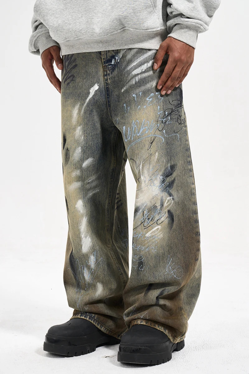 High Street hiphop Style Graffiti handpainted splashink Rags Dirty Wash wideleg Jeans Man 240806