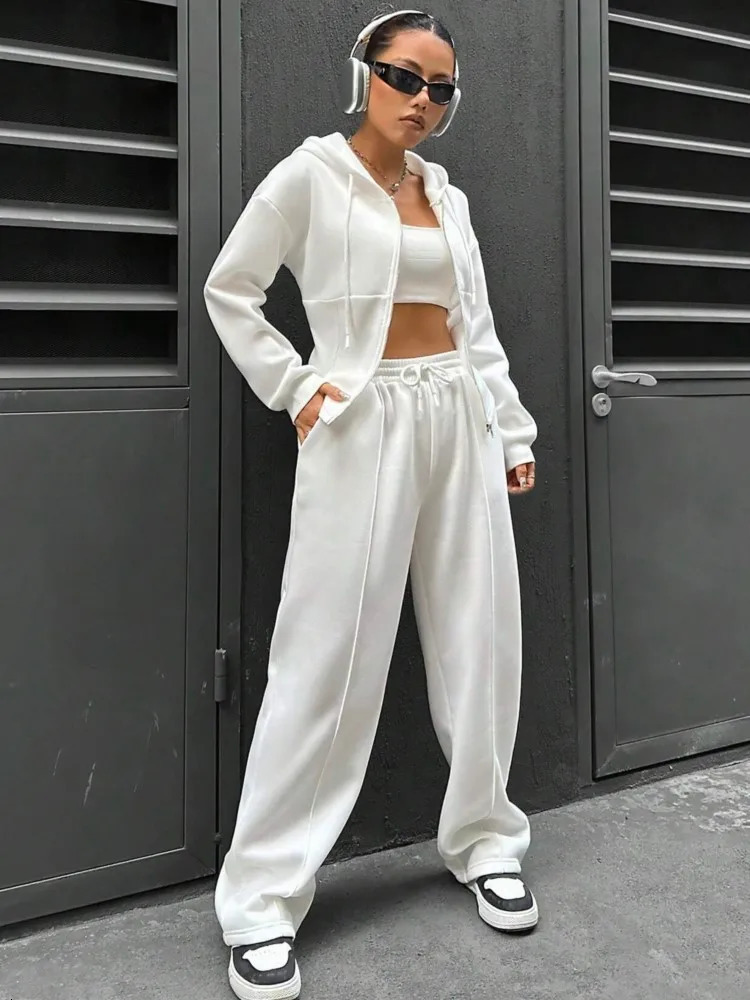 Autumn and winter hooded cardigan womens suit solid color fashion mouth slim casual sports pants two-piece set Female 240807