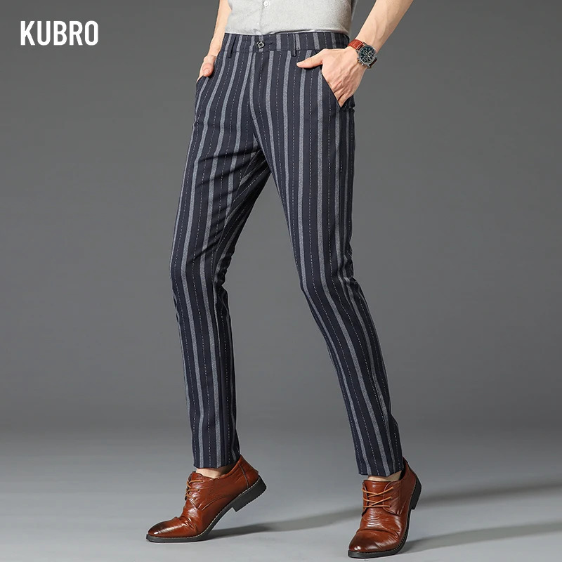 KUBRO Spring Autumn Stripe Pants Men Classic Business Elastic Waist Slim Formal Suit Casual Trousers Fashion High Quality 240806