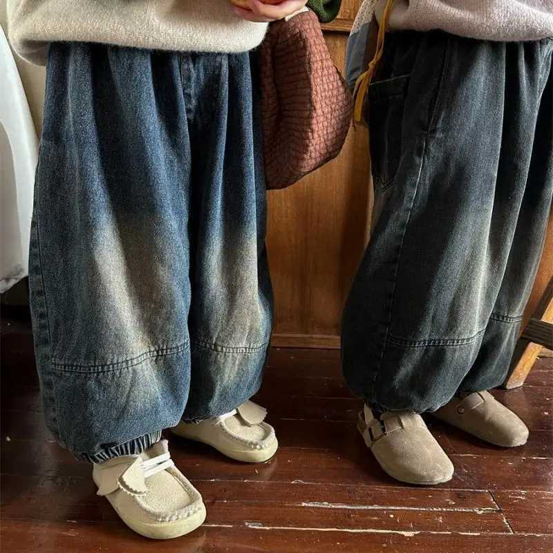 Jeans 1-7 Y Children Fashion Jeans Korean Boy Toddler Wear Girl Denim Wide Legged Trousers 2024 Spring New Girl Retro Lantern Pants