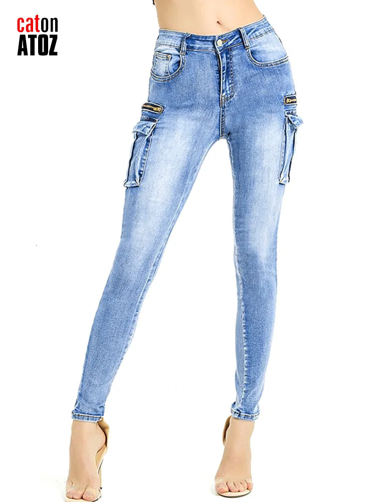 catonATOZ 2237 Women Spring Fashion Cargo Pants Summer Female Zipper Pocket Stretch Slim Jeans Skinny Denim Tousers 240807