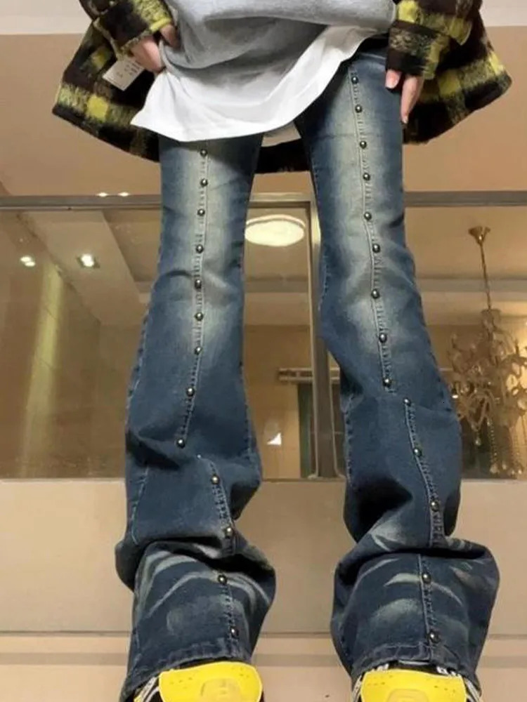 Y2k Rivet Bell Bottom Woman Denim Pants Slim High Waist Pant Streetwear Jeans Autumn Female Zipper Hip Hop Long Trourse 240807