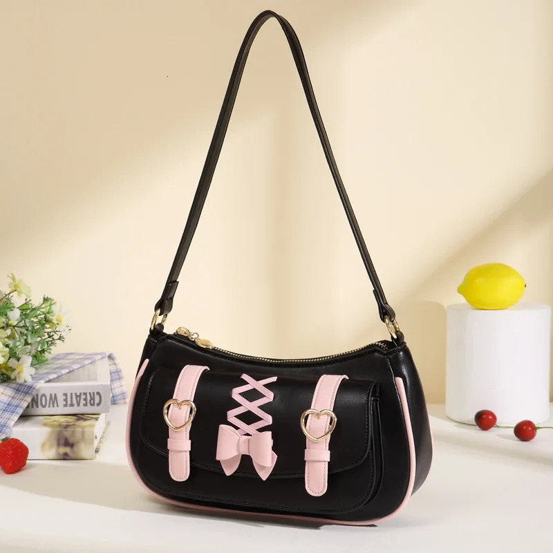Lolita Shoulder Bags for Women Cute Bow Jk Sweet and Kawaii Lipstick Purses and Handbags All-match Leather Underarm Bag Sac 240805
