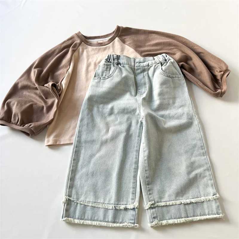 Jeans Girls Spring Autumn fashion Light jeans with r hem wide leg denim pants loose jeans