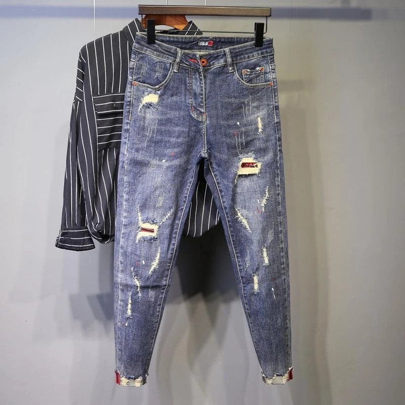 Man Cowboy Pants Skinny Mens Jeans Ripped Trousers Slim Fit Torn Cropped with Holes Tight Pipe Broken Korean Fashion Denim Xs 240806