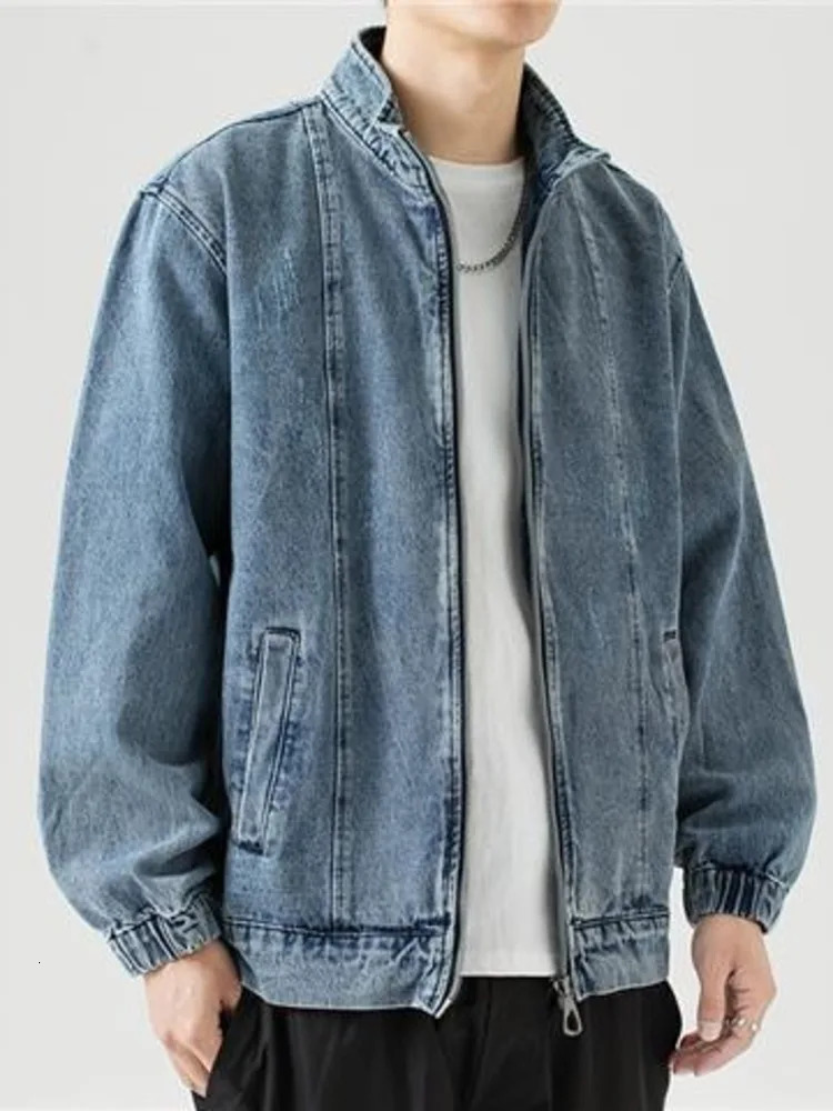 Stand up collar denim jacket mens casual autumn zipper closed loose pocket blue retro fashion clothing 240806