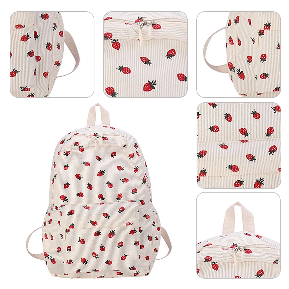 Corduroy Strawberry Backpack Fashion Notebook Large Capacity Leisure Travel Adjustable Shoulder Straps 240807