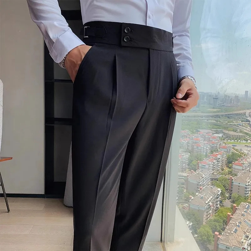 Autumn England Style High Waist Suit Pants Men Solid Quality Slim Fit Business Casual Trousers Formal 240806