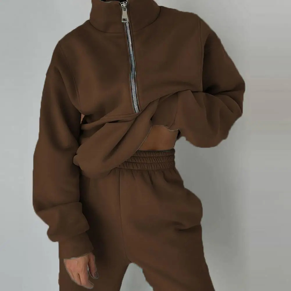 Solid Color Sports Suit Cozy Fall Winter Sweatshirt Pants Set Stylish Stand Collar Loose Fit Elastic Waist Trousers for Comfort 240807