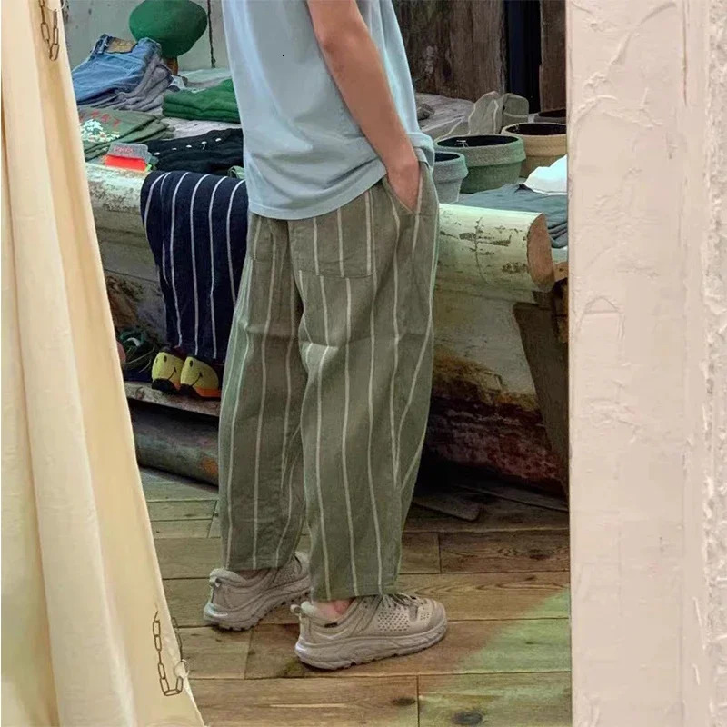 KAPITAL Japanese Style Twocolor Cotton Linen Stripe Breathable Casual Mens and Womens Loose Pants Washed Army Green Trousers 240806
