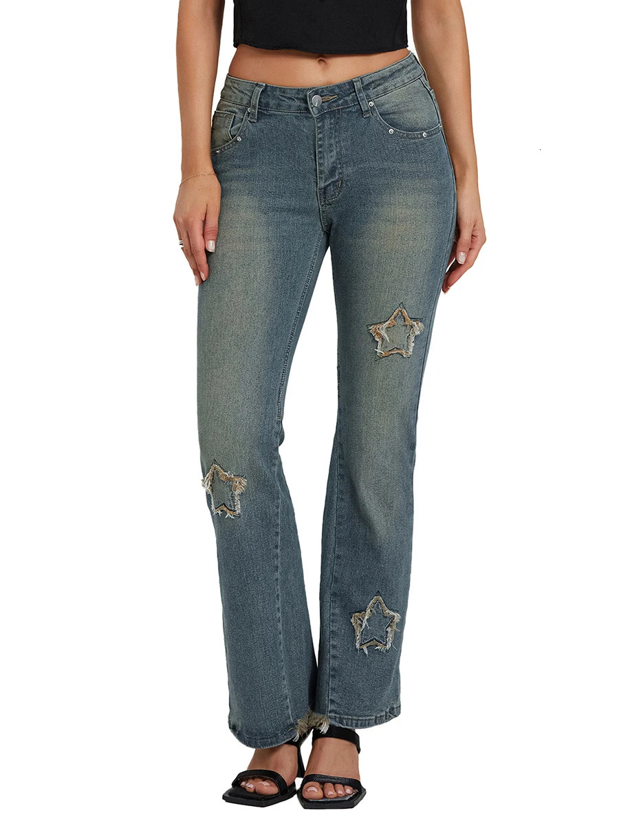 Women Flared Denim Pants Casual Star Pattern Bell Bottoms Jeans Bootcut Trousers Y2K Streetwear 240807
