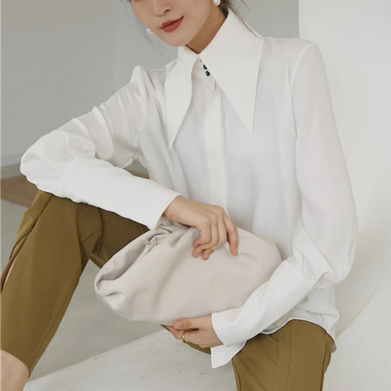 Stylish Elegant Turn Down Collar White Long Sleeve Satin Shirts Fashion Woman Vintage Blouse Office Lady Tops Blusas 16946 240807
