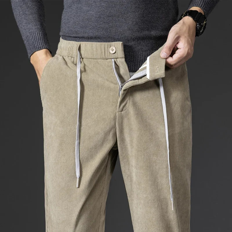 Spring Autumn Corduroy Mens Casual Pants Classic Business Work Elastic Waist Straight Trousers Black Gray Khaki 240806