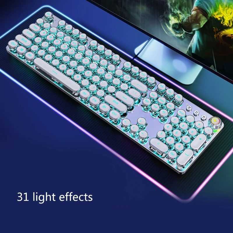 DN59 Corded Typewriter Mechanical Keyboard Rainbow Backlight Retro Punk Round Keycap For 104 Keys Media Knob WhiteM240715
