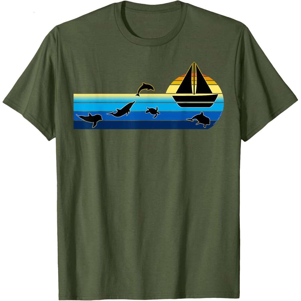 Mens T shirt Nautical Sunrise Sailboat with Dolphins Beach Summer Sailing T-Shirt shirts tshirt graphic tee Casual tops summer clothes Short sleeve Fr