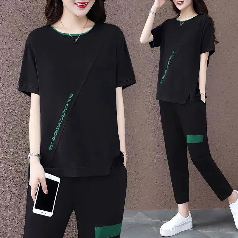 One-Piece/Set Women Summer Cotton T-Shirt Top Two-Piece Casual Sports Suit Female Loose Nine-Point Pants L773 240807