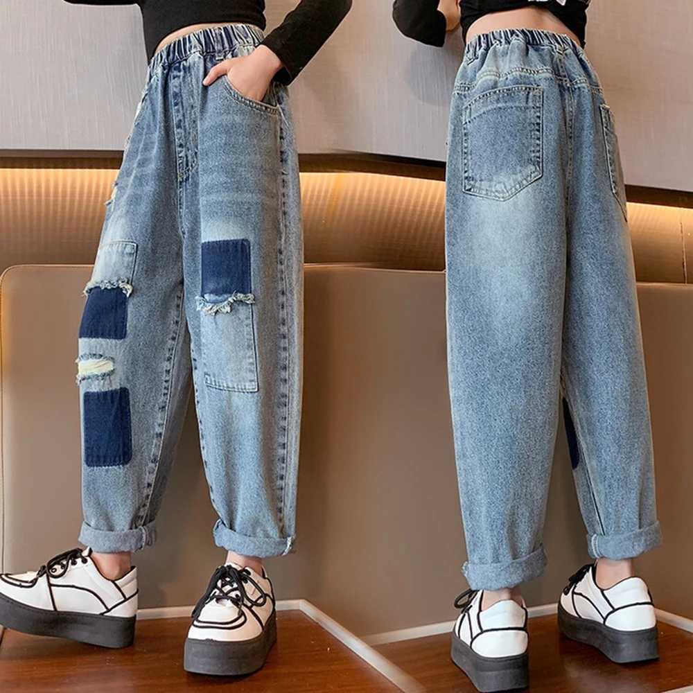 Jeans New Fashion Jeans for Teen Girl Patch Design Jeans Casual Style Kids Denim Harem Pants Spring Autumn Childrens Trousers 4-16Y