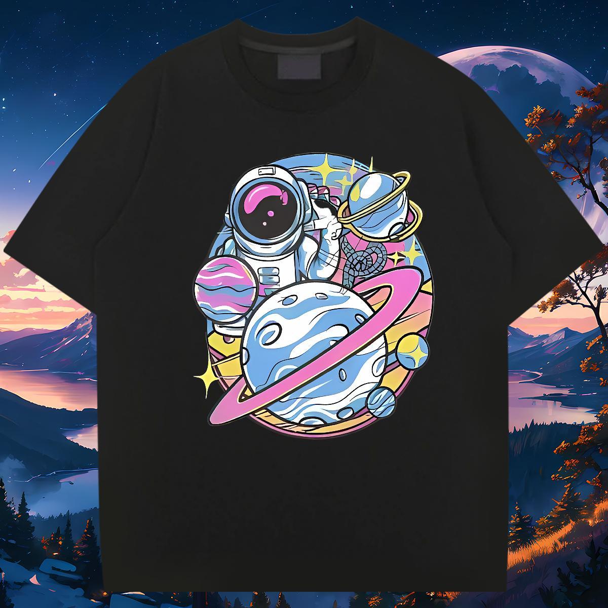 2024 New Men T Shirts spaceman Tee Shirt 230g 100% Cotton Hip Hop Brand White Plus Size O Neck Short Sleeves Men Tshirts