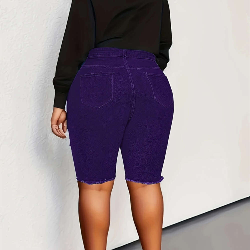 Fashion and casual plus size women's clothing with holes, high waist, washed denim shorts, shorts