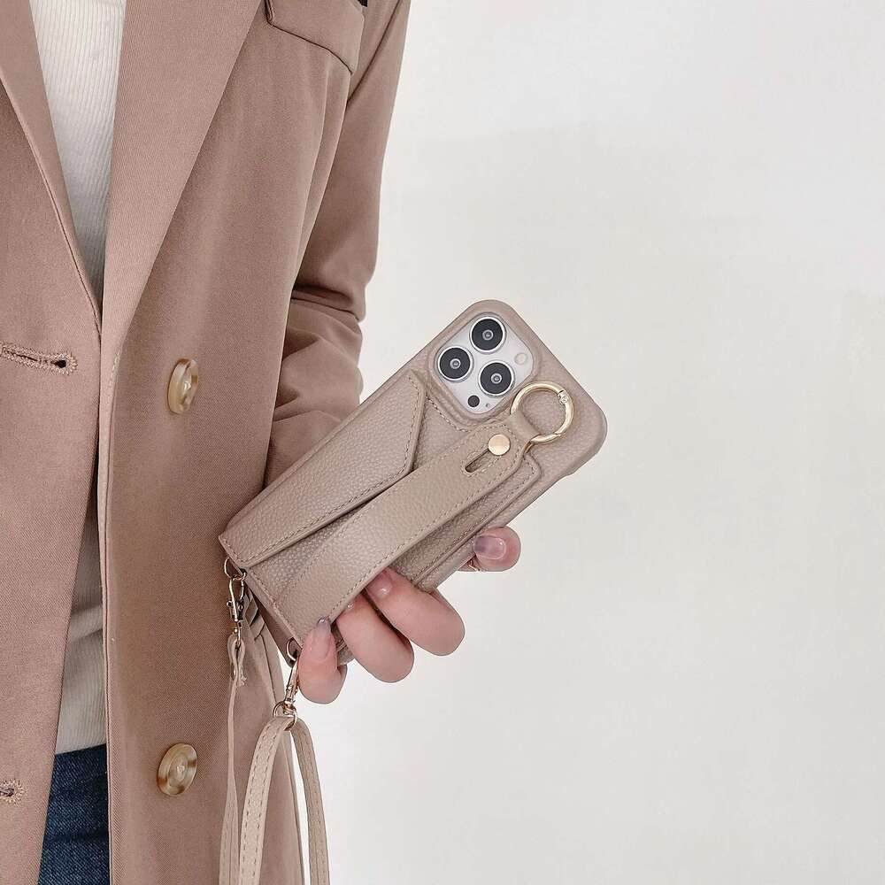 Ring Crossbody Wrist Strap Wallet Leather Cover for IPhone 15 14 13 12 11 Pro Max Phone Case with Card Slot Holder Lanyard