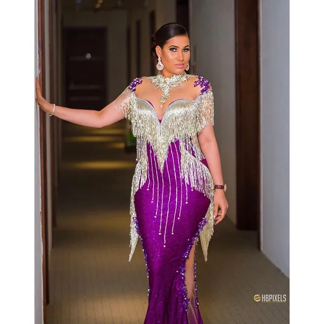 Purple Aso Ebi Mermaid Appliques Beaded Slit Sexy Prom Dresses Formal Party Second Reception Birthday Engagement Evening Gowns Dresses Robe De Soiree