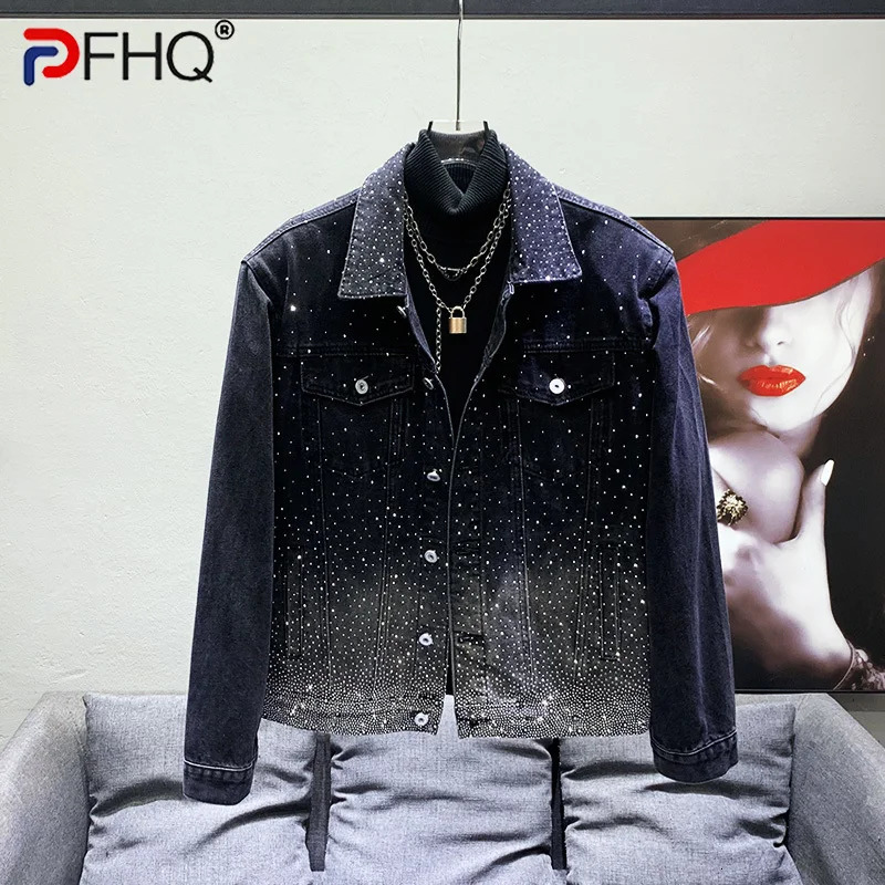 PFHQ High Quality Star Diamond Denim Jacket Mens Casual Loose Trendy Glistan Motorcycle Autumn 21Z2936 240806
