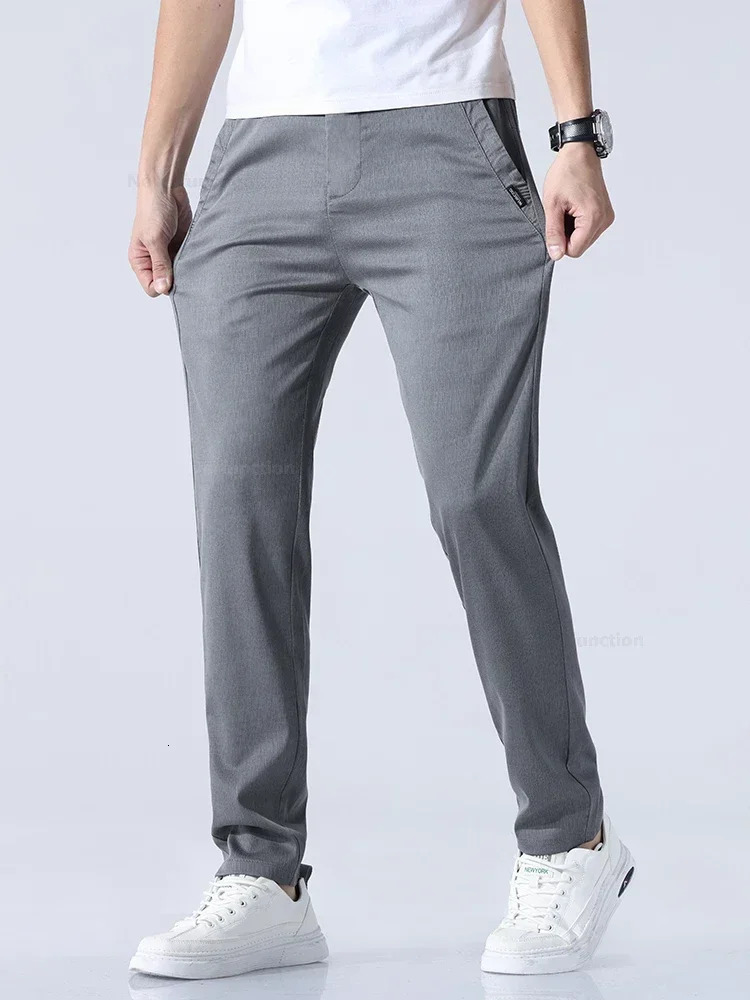 Summer Ultrathin Lyocell Casual Pants for Men Classic Style Elastic Straight Slim Fit Fashionable Soft Long Male 240806