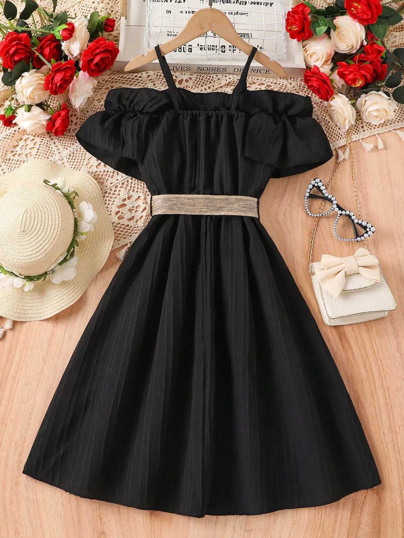 Girls Summer Elegant Fashion Black Belt DressW240720