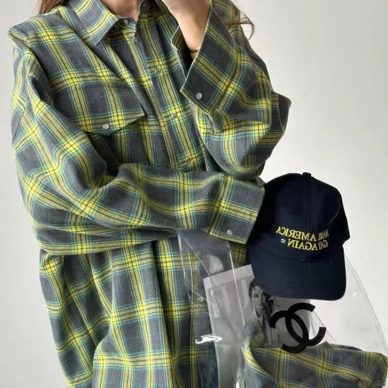 Summer Women Oversized Plaid Shirt Vintage Long Sleeve Loose Fit Blouse Autumn Female Office Fashion Shirt Tops For Woman 240807
