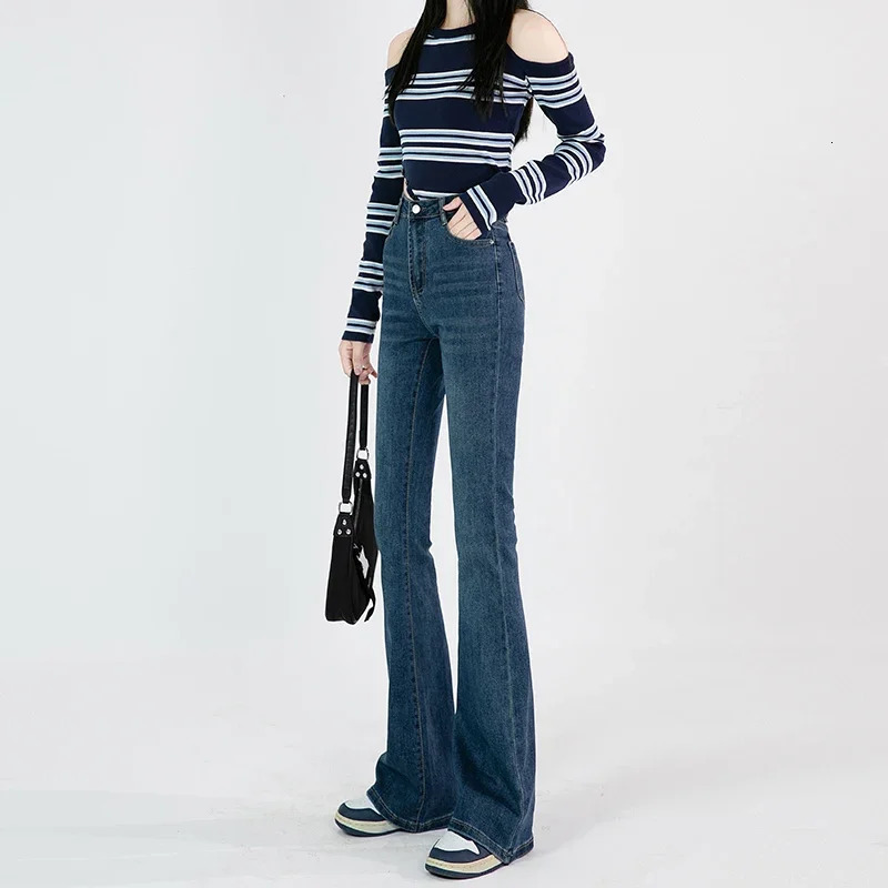 Winter Warm Fleece Gray Jeans Flared Pants Women High Waist Thick Denim Pant Autumn y2k elegant cloth Slight Bootcut Bell Bottom 240807