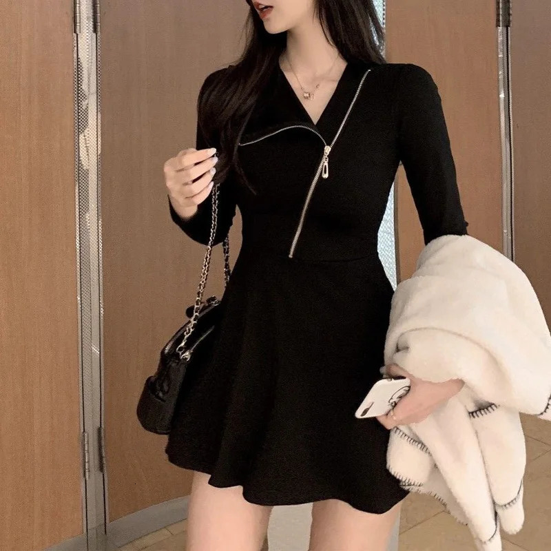 Spring and Autumn Fashion Feel Sweet and Spicy Irregular Zipper Collar Slim Fit Solid Color Womens A-line Dress 240807