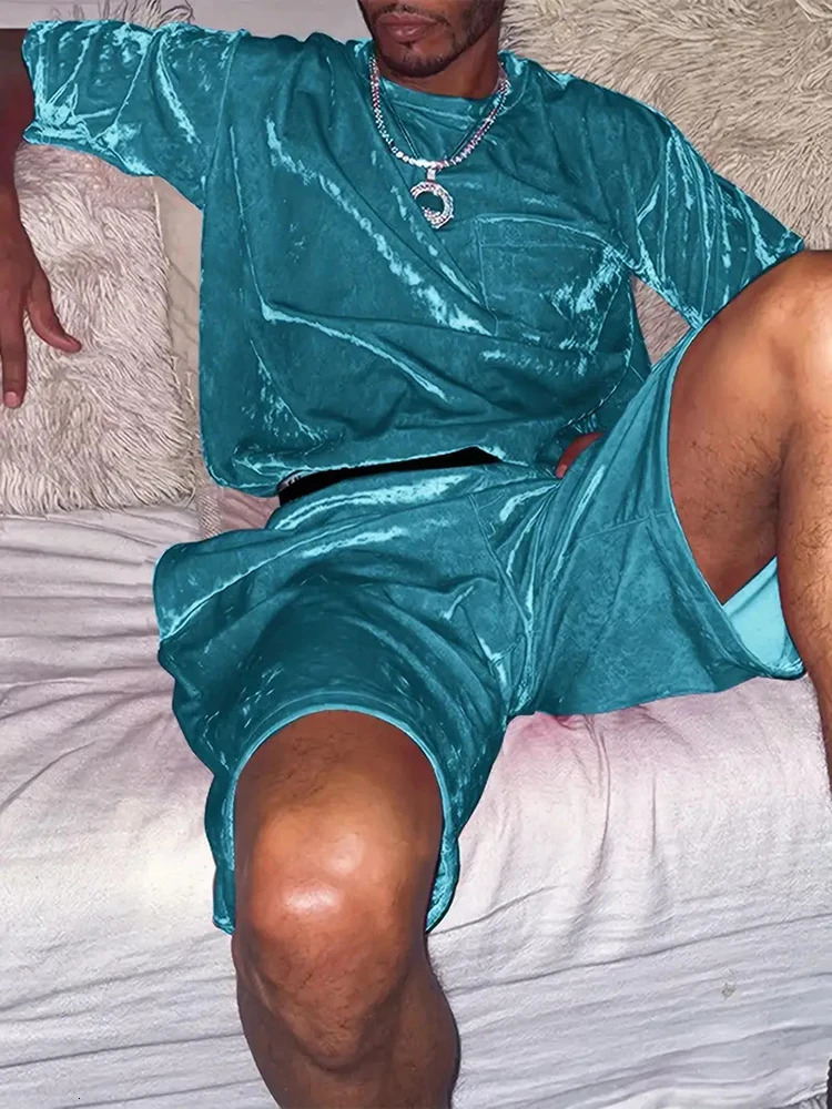 Fashionable Mens Velvet Outfits Summer Casual Solid Color O Neck Short Sleeve T Shirt And Shorts Suits Men Hip Hop Two Piece Set 240806