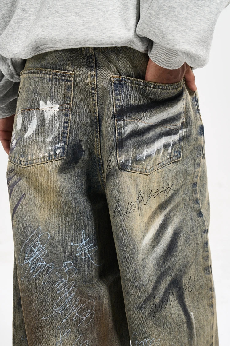 High Street hiphop Style Graffiti handpainted splashink Rags Dirty Wash wideleg Jeans Man 240806