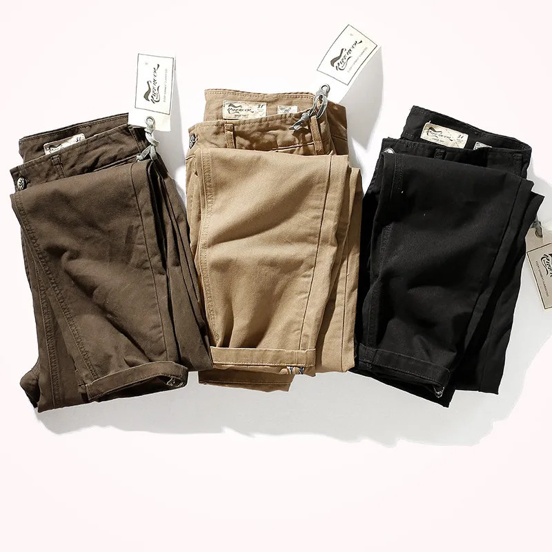 Autumn and Winter American Retro Heavyweight Woven Twill Casual Pants Mens Pure Cotton Washed Old Straight Tapered Trousers 240806