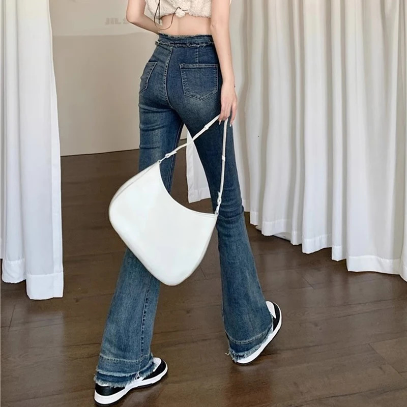 Woman Korean Y2k 2000s Flare Jeans Girls High Waist Fashion Slim Fit Bell Bottom Pants Female High Street Blue Denim Trousers 240807