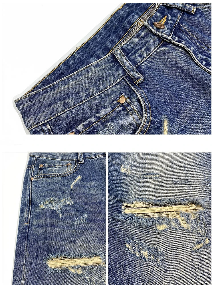 American streetwear open top jeans mens clothing Japanese Haruku casual bag hiphop beggar straight pants 240830