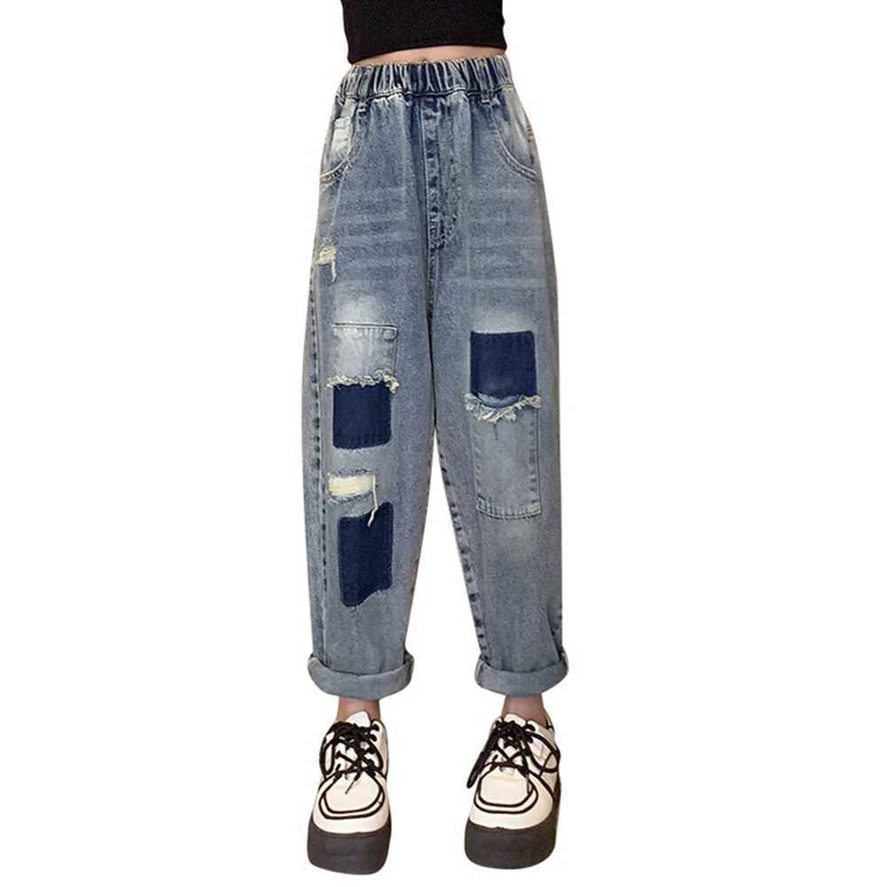 Jeans New Fashion Jeans for Teen Girl Patch Design Jeans Casual Style Kids Denim Harem Pants Spring Autumn Childrens Trousers 4-16Y