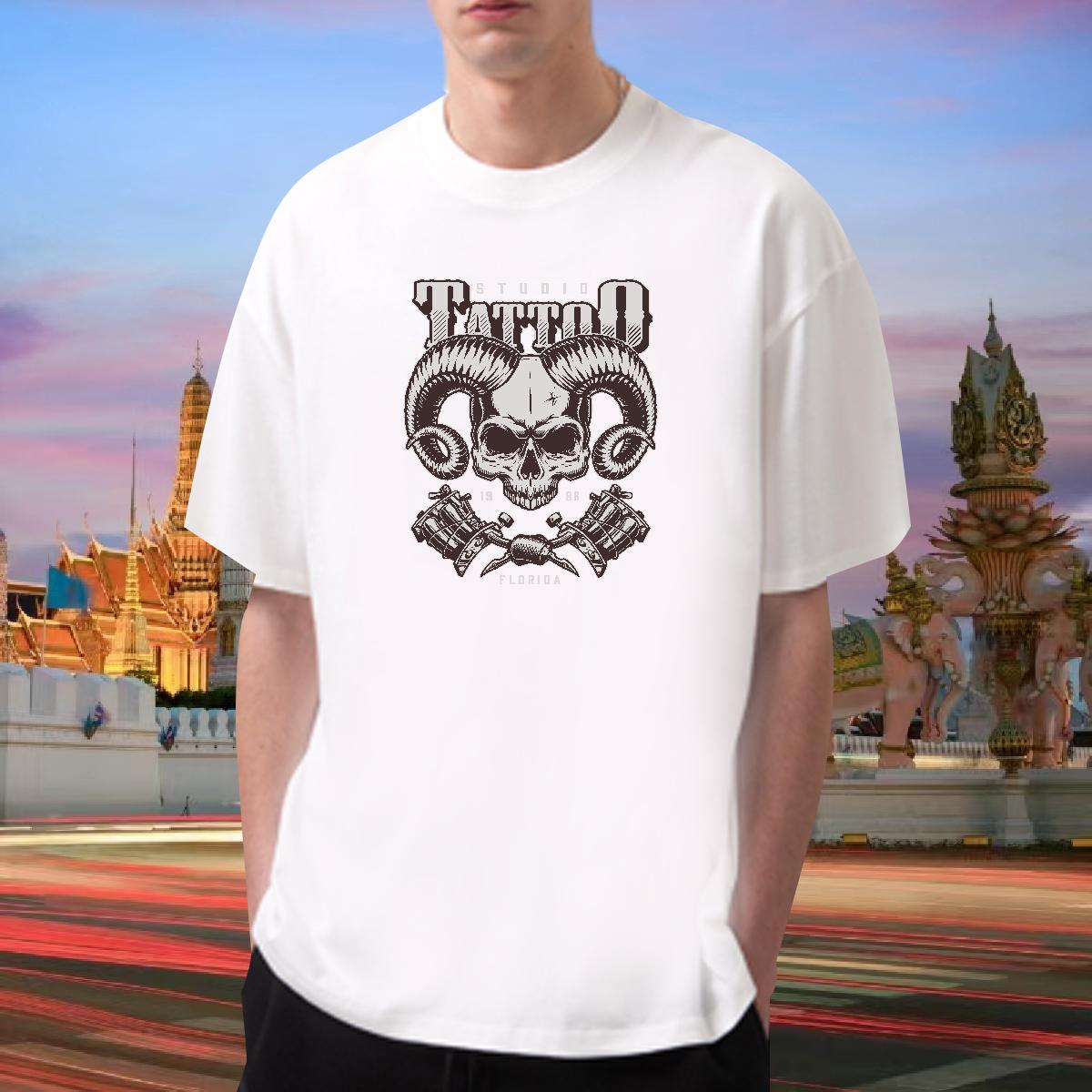 Fashion T Shirt For Man skull Clothings 100% Cotton 230g Daily Outfit Loose DIY Printed Breathable Crew Neck Couples T Shirts