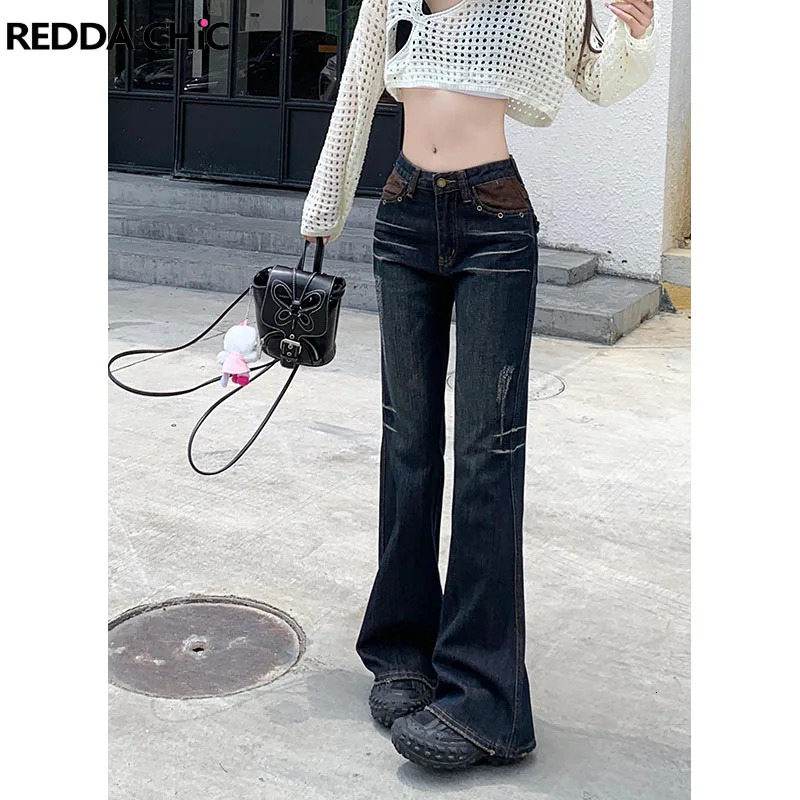 ReddaChic Cowgirl Splicing Flare Jeans Vintage Blue Denim Bell Bottoms Grunge Y2k Bootcut Pants 90s Retro Harajuku Streetwear 240807